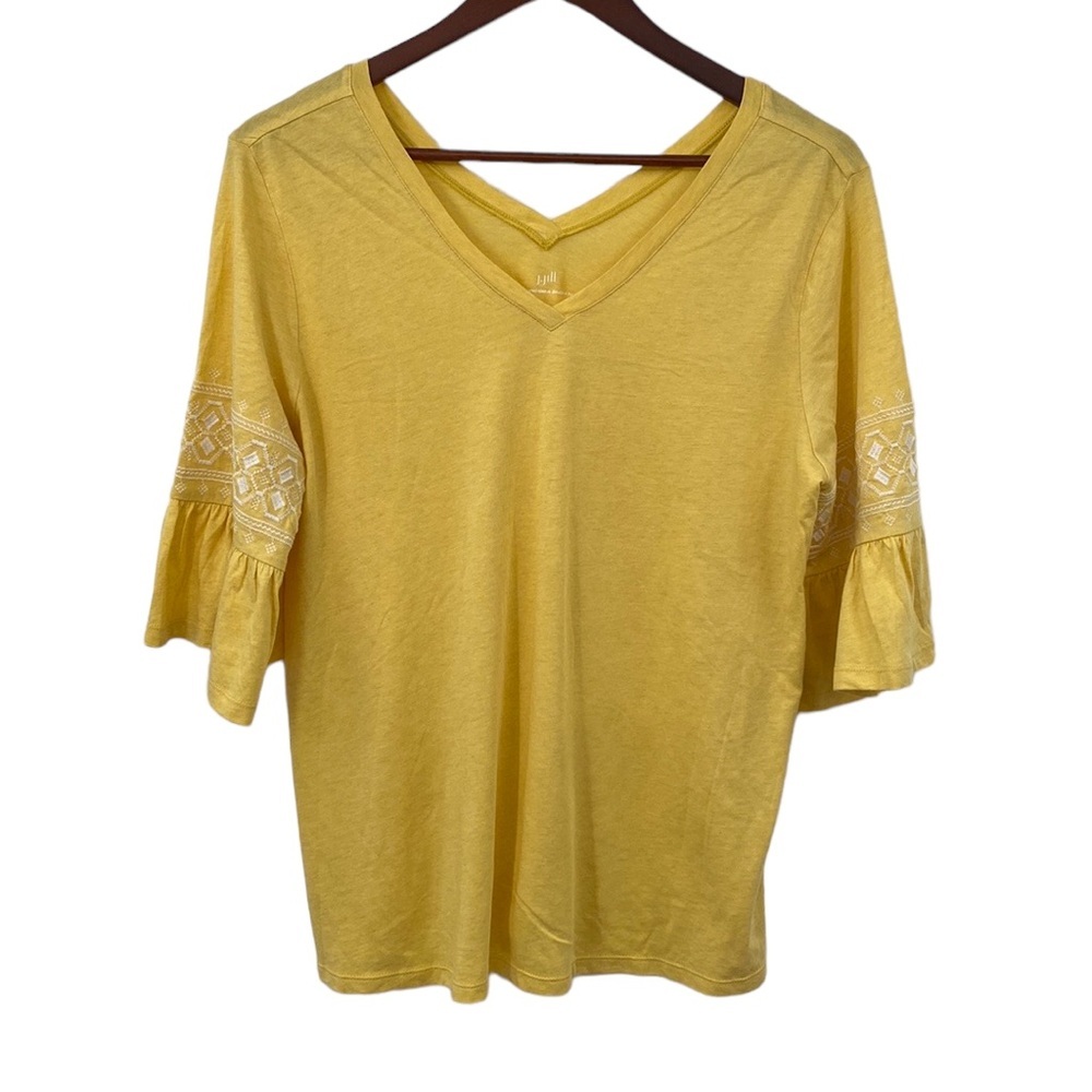 J.Jill Embroidered Sleeve Double-v Tee Shirt Women Size Large Gold Ruffle‎ Boho